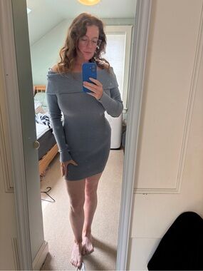 NWT Off-Shoulder Knit Sweater Dress in Dusty Blue, would best fit a M